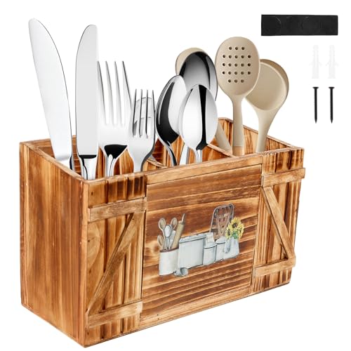 harupink Küchenutensilienhalter,Wandmontage Behälter für Küchenutensilien,30×17×12cm Utensilienhalter aus Holz 3 Fächer Besteckkorb mit Abflusslöchern und Rutschfesten Boden für Tisch(Holz) von harupink
