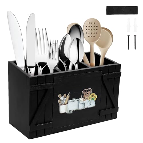 harupink Küchenutensilienhalter,Wandmontage Behälter für Küchenutensilien,30×17×12cm Utensilienhalter aus Holz 3 Fächer Besteckkorb mit Abflusslöchern und Rutschfesten Boden für Tisch(Schwarz) von harupink