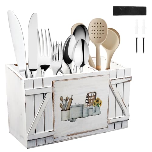 harupink Küchenutensilienhalter,Wandmontage Behälter für Küchenutensilien,30×17×12cm Utensilienhalter aus Holz 3 Fächer Besteckkorb mit Abflusslöchern und Rutschfesten Boden für Tisch(Weiß) von harupink
