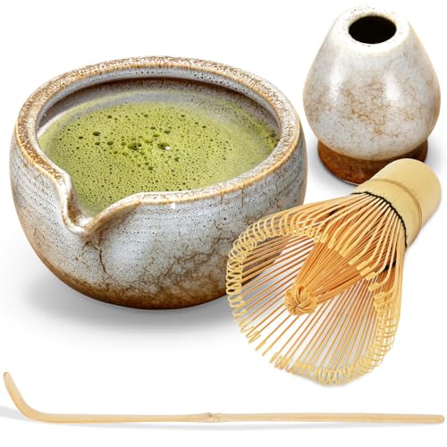 harupink Matcha Set mit Matchabesen,Matcha Löffel,Matcha Schale und Matcha Besenhalter,aus Keramik,Glatte Glasur,Handwerklich angefertigte Matcha Tee Set,Geschenk für Matcha-Liebhaber von harupink