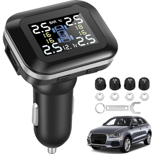 harupink TPMS Reifendruckkontrollsystem mit 4 Wasserdicht Externen Reifendrucksensor,4 Diebstahlsicherungsmutter und 6 Alarmmodus,maximal Druckwert,87 PSI Reifendrucküberwachungssystem,USB Aufladung von harupink