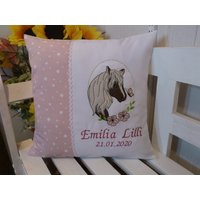 Kissen Mit Namen | Pferdekopf Appli Altrosa Sterne von harzstickerei