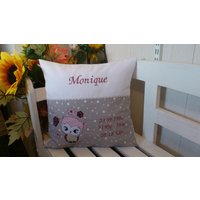 Kissen Mit Namen Zur Geburt, Taufe | Eule Grau Sterne Appli von harzstickerei