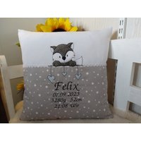 Kissen - Bezug Zur Geburt, Taufe | Fuchs Grau Sterne Blau Herzen Appli von harzstickerei