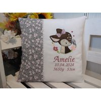 Kissen Zur Geburt, Taufe | Rehkitz Kl. Blümchen von harzstickerei