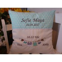 Kissen Mit Namen Zur Geburt | Baby Wäscheleine Mint Sterne von harzstickerei