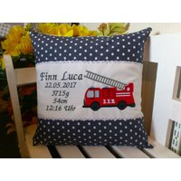 Kissen - Bezug Zur Geburt | Feuerwehr Dunkelblau Sterne von harzstickerei