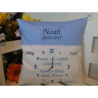 Kissen Mit Namen Zur Geburt | Spruch in Uhr Blau von harzstickerei