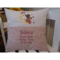 Kissen Mit Namen Zur Geburt | Bärchen Altrosa Sterne von harzstickerei