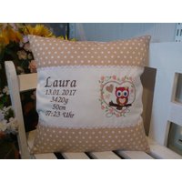 Kissen Mit Namen Zur Geburt | Eule Im Herz Beige von harzstickerei