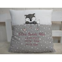 Kissen Zur Geburt, Taufe | Fuchs Grau Altrosa Sterne Appli von harzstickerei