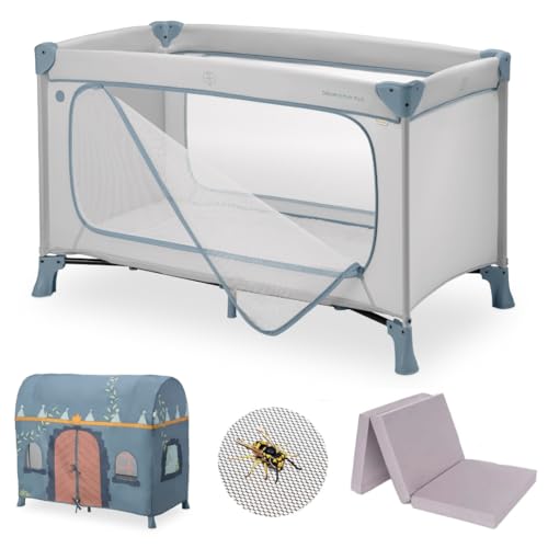 hauck Kinderreisebett Dream N Play Plus – XXL Zubehörpaket mit Matratze, Spielzelt & Insektenschutz, faltbar & klappbar, Tasche & großem Eingang – Dusty Blue von hauck