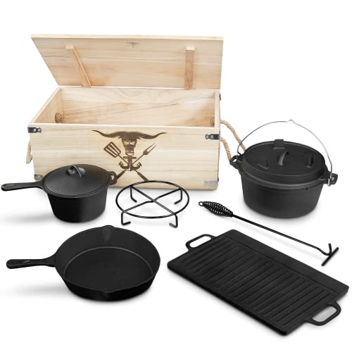 osoltus 7-teiliges Dutch Oven Set in Holzkiste, Gusseisen bereits eingebrannt, mit Kochtopf, Stieltopf, Grillplatte, Pfanne, Deckelheber und Untersetzer von hausratplus