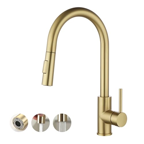 Havin HV501G Gold-Küchenarmatur mit herausziehbarem Sprühkopf, hochbogenförmiges Edelstahlmaterial, mit CUPC-Keramikkartusche, ohne Deckplatte, passend für 1-Loch-Küchenspüle oder Waschspüle, von havin