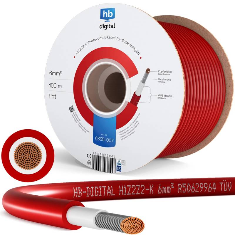 hb-digital Solarkabel 6 mm² Photovoltaik Kabel für PV Anlagen 100m rot von hb-digital