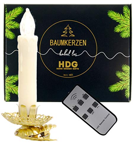 hdg Baumkerzen kabellos mit Fernbedienung - 8er Set LED Kerzen mit Vintage Clip Gold, Set:mit Baumkerzen in weiß von hdg