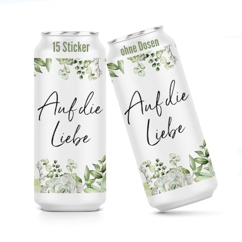 heaven+paper Prosecco Dosen Aufkleber JGA Eukalyptus "Auf die Liebe" Deko jga Accessories & Hochzeit Deko außergewöhnlich (15x Set) für alle üblichen Sektdosen - Prosecco Dosen Sticker selbstklebend von heaven+paper