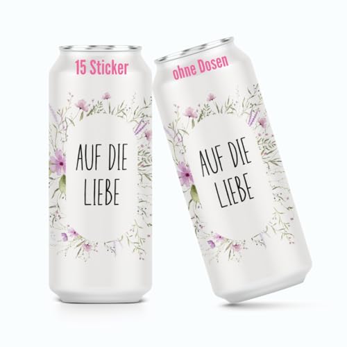 heaven+paper Prosecco Dosen Aufkleber JGA Wildblumen "Auf die Liebe" Deko jga Accessories & Hochzeit Deko außergewöhnlich (15x Set) für alle üblichen Sektdosen - Prosecco Dosen Sticker selbstklebend von heaven+paper