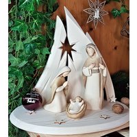 Holzgeschnitzte Moderne Hl. Familie Größe 20 cm/Hochwertige Holz Weihnachtskrippe Kinderfreundlich Kometenkrippenstall Erweiterbar von hebraHolzGeschenke