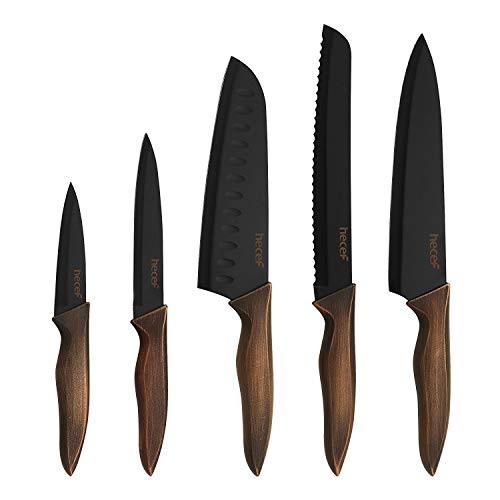 hecef Küchenmesser Set 5-teilig, Profi Scharfe Kochmessersets, Messer Set Edelstahl mit Schwarz Antihaft-Beschichtung und Ergonomischem Retro-Griff von hecef