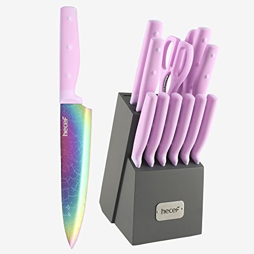hecef 14-teiliges Messerset mit Block, Regenbogen-Titan-Beschichtung Messer mit Laser-Muster, Martensitischer Edelstahl Kochmesser-Set mit Schärfer, Steakmesser, Schere (Lila) von hecef