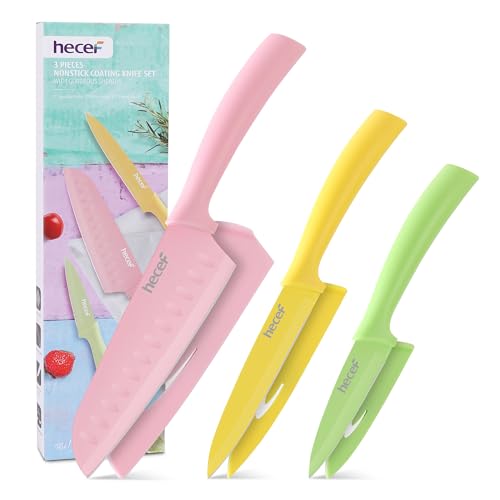 hecef 3-teiliges Küchenmesserset mit Schutzhüllen, Edelstahlklinge, Bunte Antihaft‑Beschichtung, Santoku-/Allzweck-/Schälmesser, Ergonomischer Griff, Rostfrei, Geschenk für zu Hause von hecef