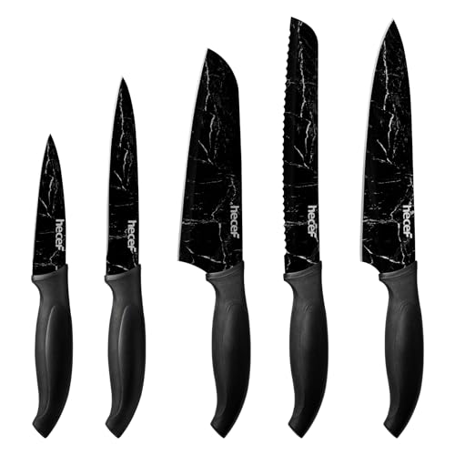 hecef 5 Stücke Küchenmesser, Edelstahl Scharfes Messerset mit Marmormuster-Beschichtung, Profi Kochmesser und Gemüsemesser ect. von hecef