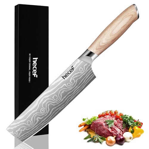 hecef 7 Zoll Nakirimesser – Klinge aus Kohlenstoffstahl, Doppelkropf und Ergonomischer Griff aus Kaffee-Pakkaholz, Ultrascharfe Schneide Für die Tägliche Essenszubereitung von hecef
