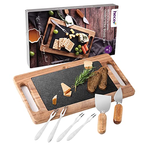 hecef Acacia Käsebrett mit Käsemesser Set mit Schieferplatte 8 Stück, servierbrett servierplatte Holz käseplatte, Party-Geburtstag, Weihnachts-Thanksgiving-Tag Cheese Board Charcuterie Board von hecef