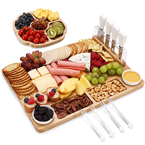 hecef Bambus Käsebrett & Serviertablett, Lager Käseplatte Set von 13-4 Käsemesser Set, 2 Keramikschalen, 4 Server Gabeln, Charcuterie Board Set Geschenke für Jahrestag Hochzeit Geburtstag von hecef