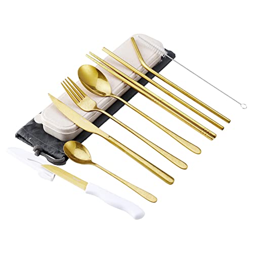 hecef Camping Besteck, 10 Teiliges Reisebesteck mit Etui, Wiederverwendbares 18/0 Edelstahl Outdoor Besteck Set mit Gabel, Löffel, Messer ect. (Gold) von hecef