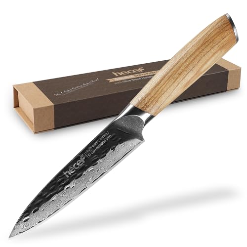 hecef Damastmesser Gemüsemesser Schälmesser 12.7 CM, Schärfer Küchenmesser klein, Allzweckmesser mit Handgeschmiedetes Griff aus Olivenholz von hecef