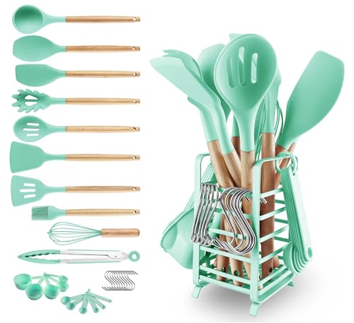 hecef 32-teiliges Küchenutensilien Set aus Silikon & Holz, Grün – Hitzebeständig, kratzfest, für alle Kocharten geeignet, mit Halter, ideale Küchenhilfe für Familien & als Geschenk von hecef