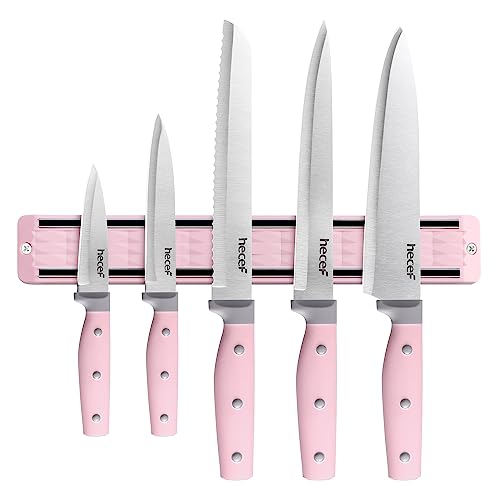 hecef Magnetleiste Messer(33cm) mit 5 Teilig Scharfe Messer Set, Küchenmesser Set Edelstahl Schneidemesser Set, Kochmesser Profi Rostfrei Messer Set für Köche (Rosa) von hecef