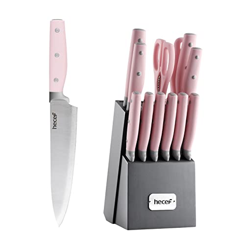 Messerblock | hecef Profi Messerset mit Holzblock 14-TLG | Edelstahl Küchenmesser Scharfe Set mit Messer und Rosa Griff | Profi Kochmesser Set mit Schere/Steak Messer/Messerschärfer (Rosa) von hecef