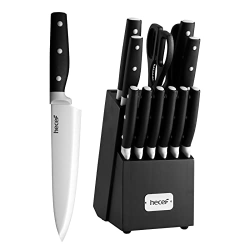 hecef Messerblock Set 14-TLG, Profi Messerset mit Holzblock, Edelstahl Scharfe Küchenmesser Set, Messerblock mit Schere/Steak Messer/Messerschärfer (Schwarz) von hecef