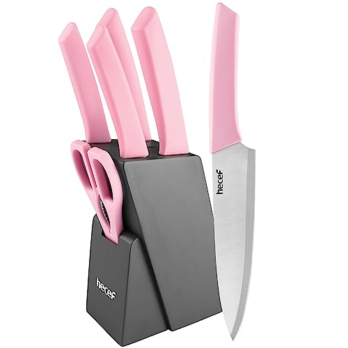 hecef Messerblock mit Messer, 7-tlg Scharfe Messerset mit Edelstahlklinge und Ergonomischem Griff| Kochmesser, Santokumesser, Brotmesser, Allzweckmesser, Schälmesser, Messerblock und Schere, Rosa von hecef