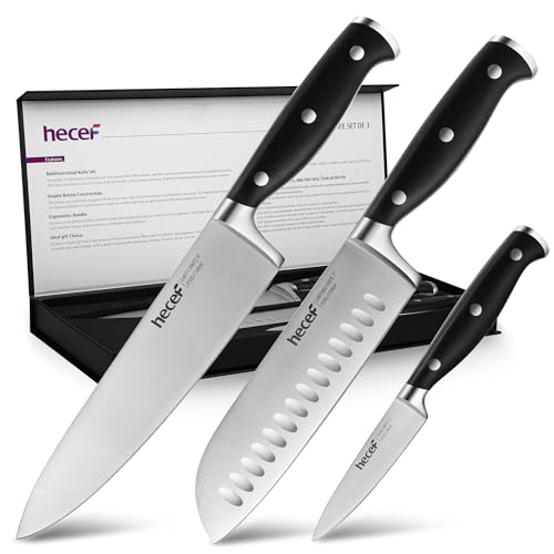 hecef Messerset, 3 tlg Küchenmesser Set mit Ergonomischer ABS-Griff, Full-tang, Scharfes Kochmesser Profi Messer aus Hochwertigem Carbon Edelstahl mit Chefmesser, Santukumesser, Schälmesser von hecef