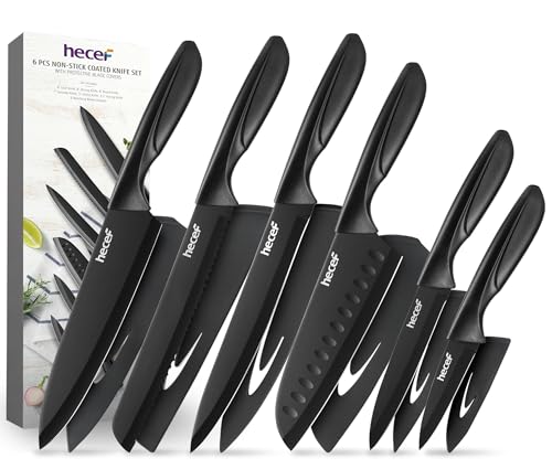 hecef Messerset Schwarz, Küchenmesser Set mit Antihaftbeschichtung, ergonomischer Griff, spülmaschinengeeignet, scharfe Kochnmesserset mit Messerschutz für Einsteiger und Kochbegeisterte (6-tlg) von hecef