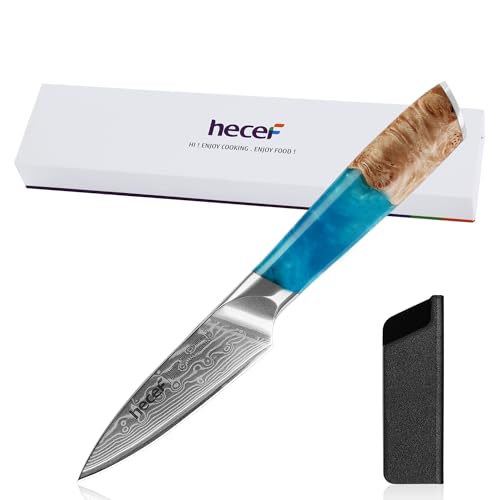 hecef Schälmesser Damast 9cm, Gemüsemesser & Obstmesser Klein mit Ergonomischem Harzgriff, 67-lagiger VG10 Damast Küchenmesser Scharf mit Messerschutz, Geschenk für Chef und Kochbegeisterte von hecef