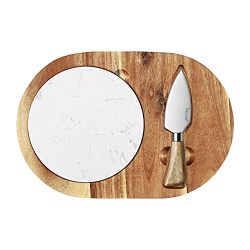 hecef Schneidebrett Set, Enthält Servierbrett Holz, Marmorplatte & Käsemesser, Käsebrett mit Käsemesser für Kuchen & Vorspeisen, Ideale Geschenkwahl & Holzbrett Deko, Oval von hecef