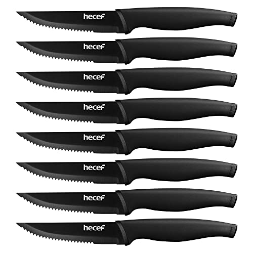 hecef Steakmesser Set, 8 Teiliges Scharfe Steakmesser mit Wellenschliff und Ergonomischem Griff, Schwarzes Oxid Tafelmesser Set, Kleine Messer aus Edelstahl für Küche und Esstisch, 12,7cm von hecef