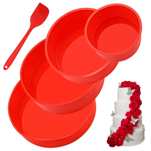 Backform Silikon Kuchenform Set Tortenform Rund BPA-frei Backformen Schichtkuchen Silikonform mit Silikonspatel Antihaft Rund Kuchenbacken Form für Schichtkuchen, stagsfeier kuchen, 4 Stk 4/6/8/10zoll von heedpeiur
