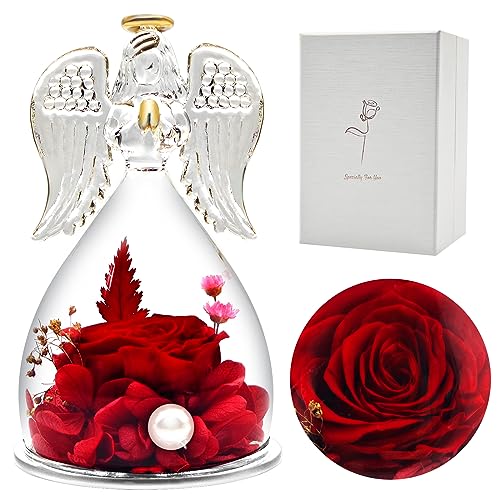 heekim Ewige Rose mit Engel Figur, Geschenke für Frauen, Geburtstagsgeschenk für Frauen, Geschenke für Mama/Oma, Ewige Rose in Engel Glaskuppel, Muttertagsgeschenke (Rot) von heekim