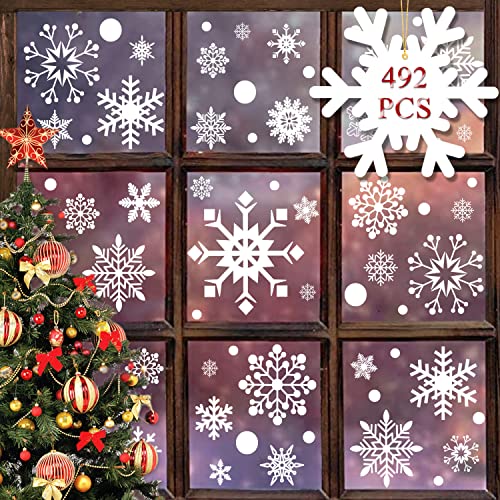 heekpek 492 Schneeflocken Fensterbilder Weihnachten Selbstklebend Fensterdeko Weihnachten Weiß Winterdeko Fenster PVC Schneeflocken Fensterbild für Türen Schaufenster Vitrinen Deko von heekpek