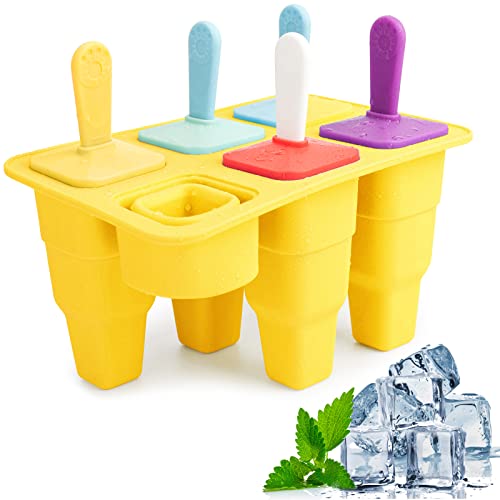 Eisformen Eis am Stiel, Faltbare Eisformen Silikon, DIY Eis am Stiel Mit Bunten StöCken, 6 Hohlraum Eis am Stiel Formen für Kinder, Erwachsen und Baby (Gelb) von heffiso