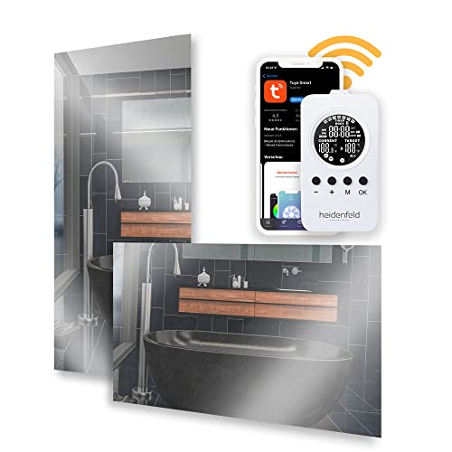 Heidenfeld Heizspiegel HF-HS100 | 𝟭𝟬 𝐉𝐀𝐇𝐑𝐄 𝐆𝐀𝐑𝐀𝐍𝐓𝐈𝐄 - 600 Watt - App Steuerung - 8-16 m² - Infrarotheizung mit Thermostat - Fernbedienung - Badspiegel - Heizer (HF-HS100 600 Watt) von heidenfeld