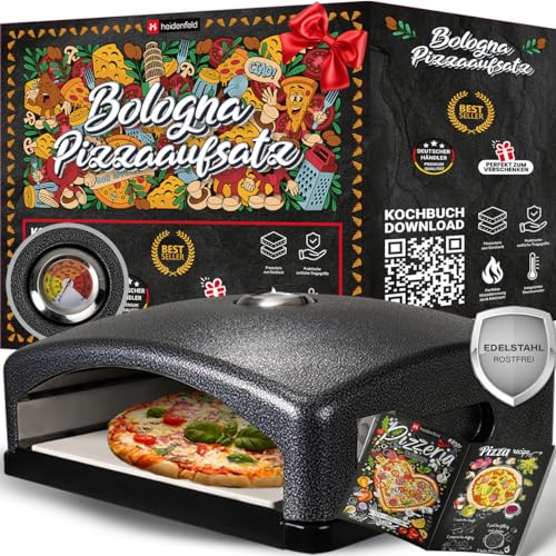 Heidenfeld Pizzaaufsatz Bologna | Grillaufsatz - Pizzamaker - Edelstahl - 540°C - Thermometer inklusive - Pizzabox - integrierter Pizzastein - für Holzkohlegrill und Gasgrill - Pizza Maker von heidenfeld