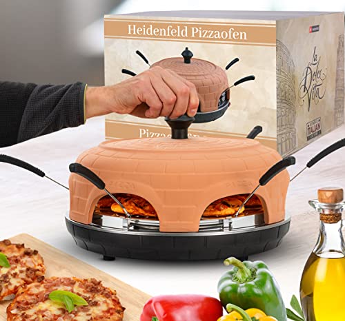 Heidenfeld Pizzaofen Pizzachef | Platz für 6 Personen - Elektrischer Pizza Ofen - 1100 Watt - Raclette Backofen mit Tonhaube - Pizzamaker inkl. Pizzaschaufeln - Stahlplatte mit Haltegriff (Terracotta) von heidenfeld