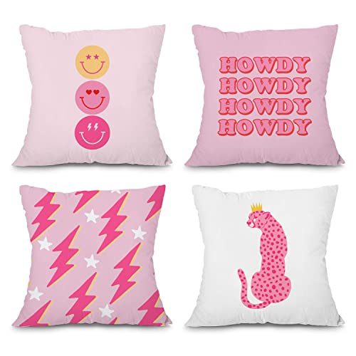 heilkee Preppy Throw Pillow Covers Set of 4 Decorative Soft Pillowcase Hot Pink Preppy Room Decor Aesthetic Smiley Face Square Cushion Case for Sofa Girls Bedroom,18x18 Inches von heilkee